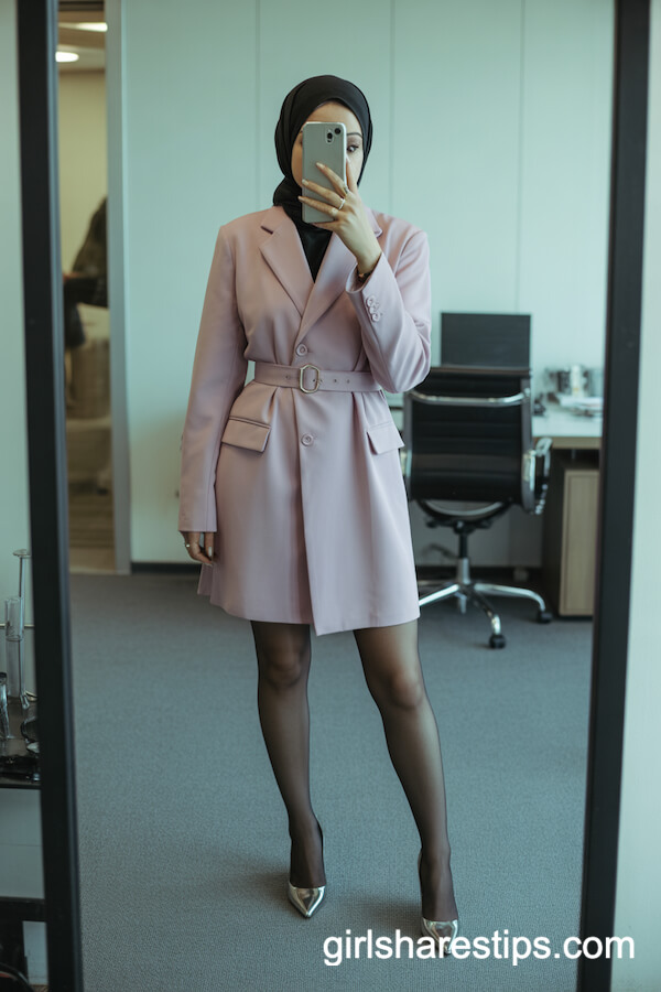 Belted Pastel Blazer Dress with Tights