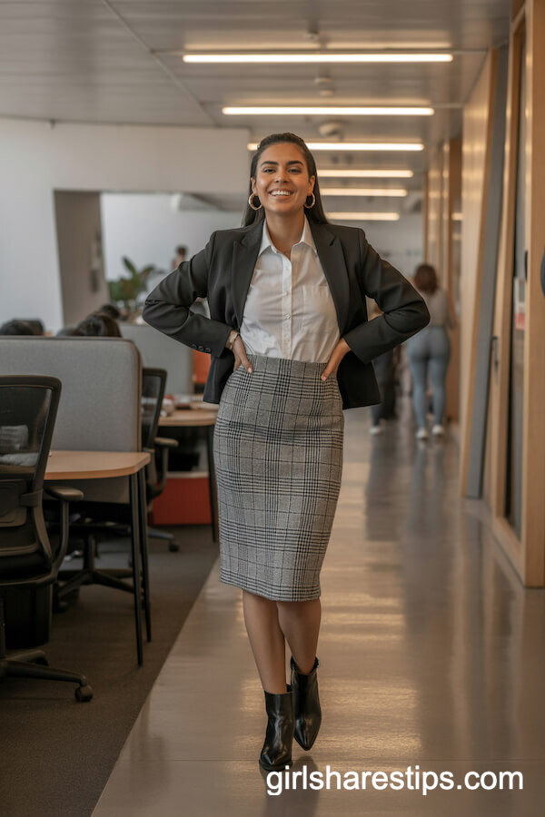 Plaid Pencil Skirt with Cropped Black Blazer