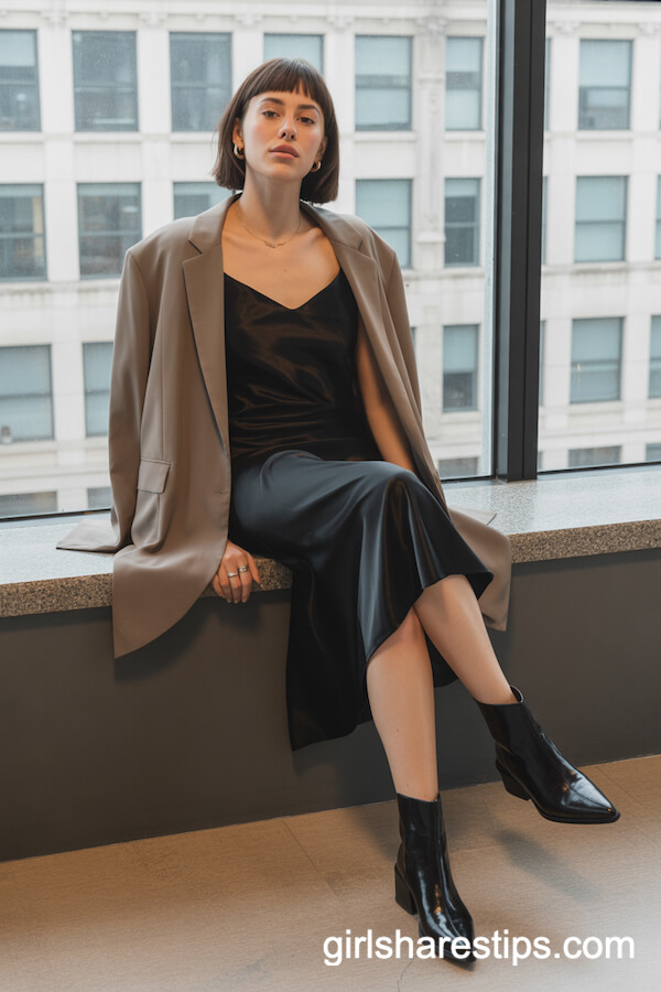 Black Satin Slip Dress with Oversized Blazer