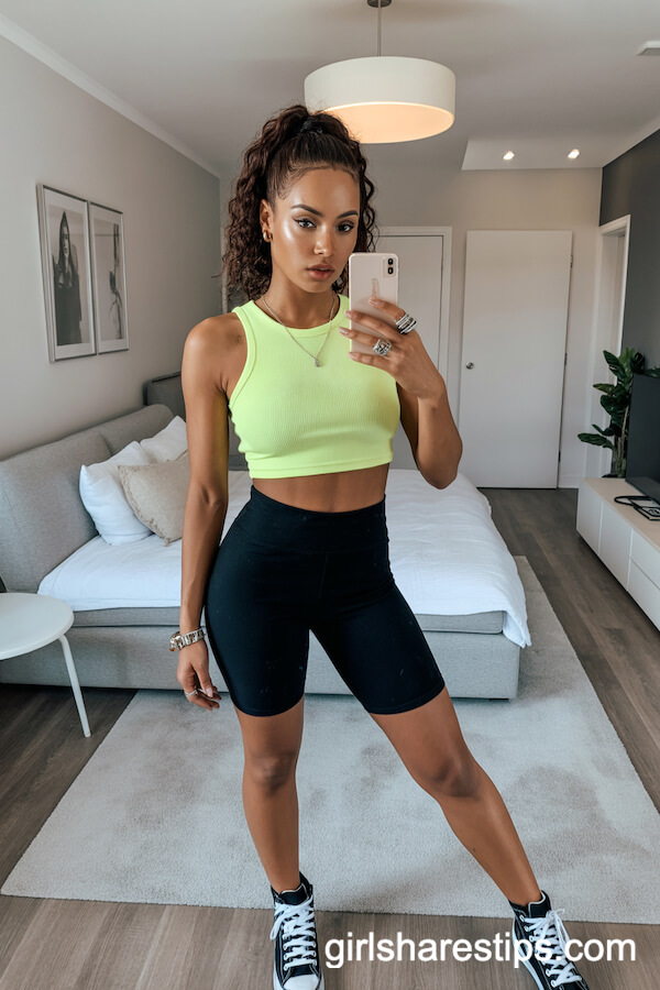 Neon Cropped Top with Black Biker Shorts and High-Top Sneakers