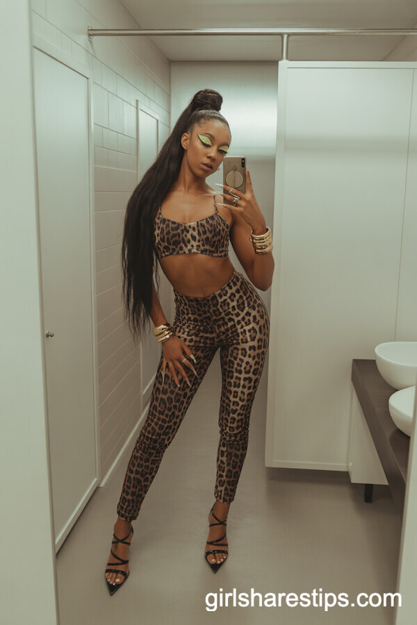 Leopard Print Two-Piece with Strappy Heels and Gold Bangles
