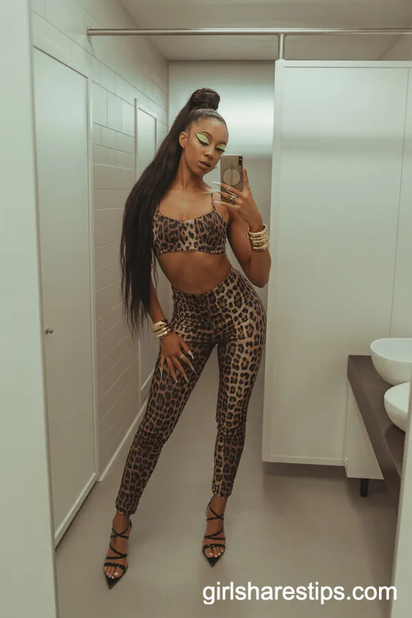 Leopard Print Two-Piece with Strappy Heels and Gold Bangles