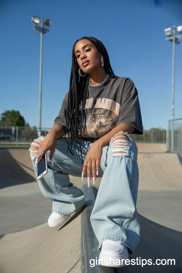 Oversized Graphic Tee with Baggy Distressed Jeans and Chunky White Sneakers