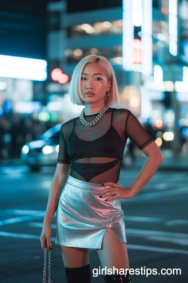 Black Mesh Cut-Out Top with Silver Mini Skirt and Thigh-High Boots