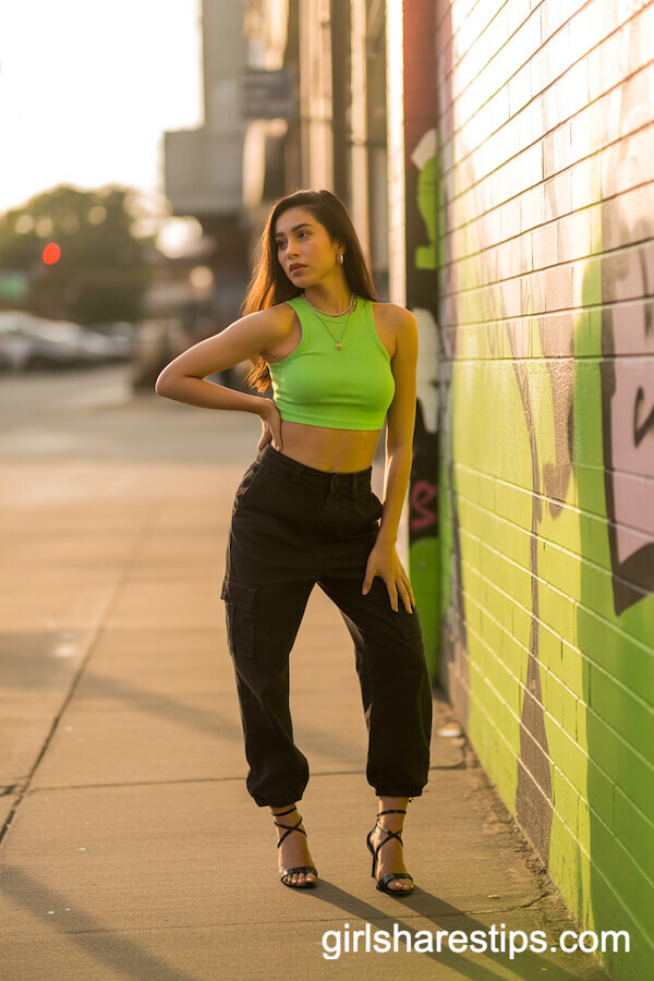 Neon Green Crop Top with Black Cargo Pants and Strappy Heels