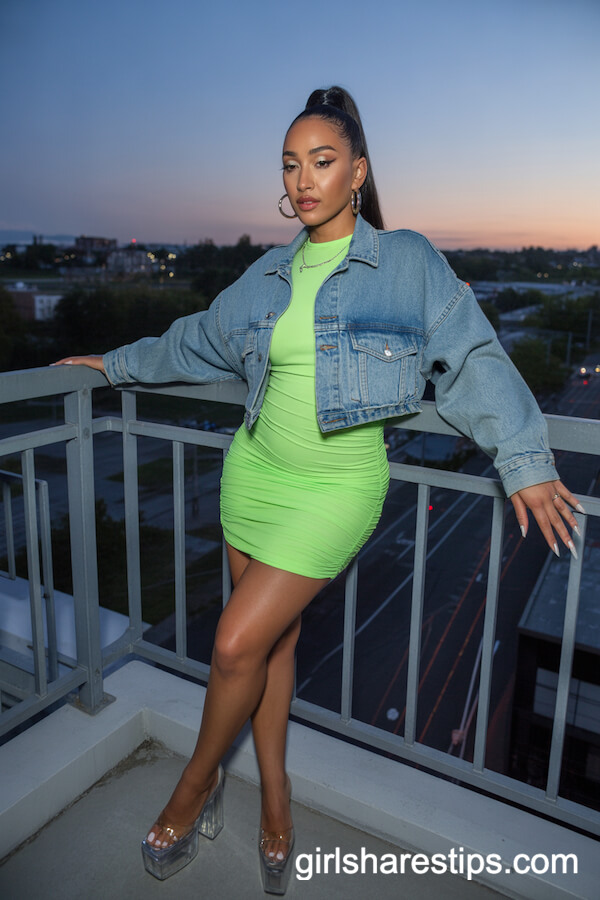 Neon Green Bodycon Mini Dress with Cropped Distressed Denim Jacket