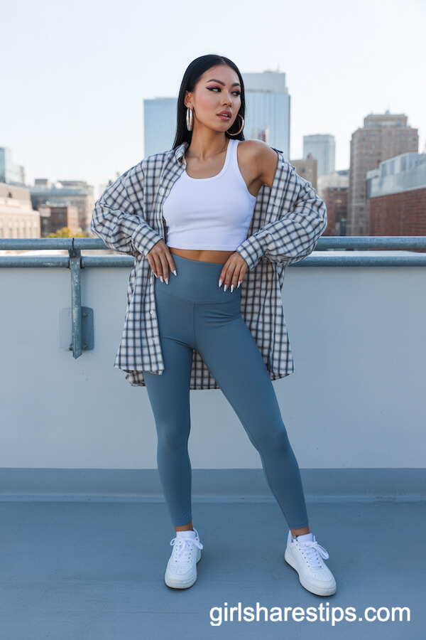 Oversized Plaid Shirt with Cropped Tank Top and High-Waisted Leggings