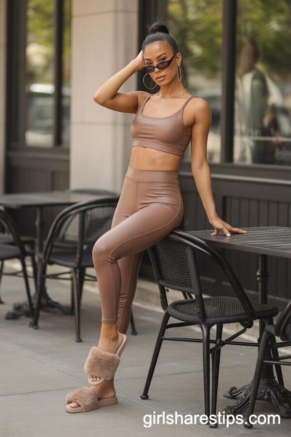 Mocha Lounge Set with Fluffy Slides and Hoop Earrings