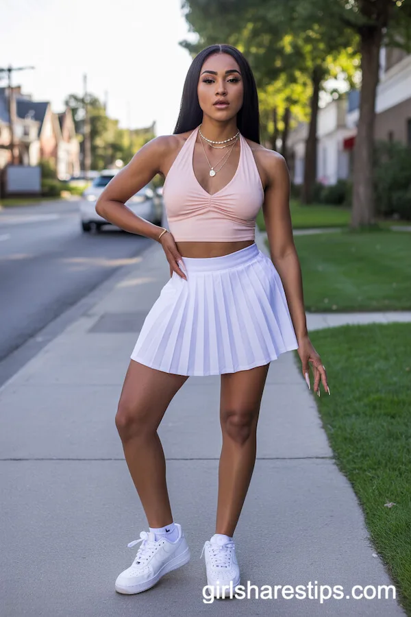 Pastel Halter Crop Top with White Pleated Tennis Skirt and Nike Air Force 1s