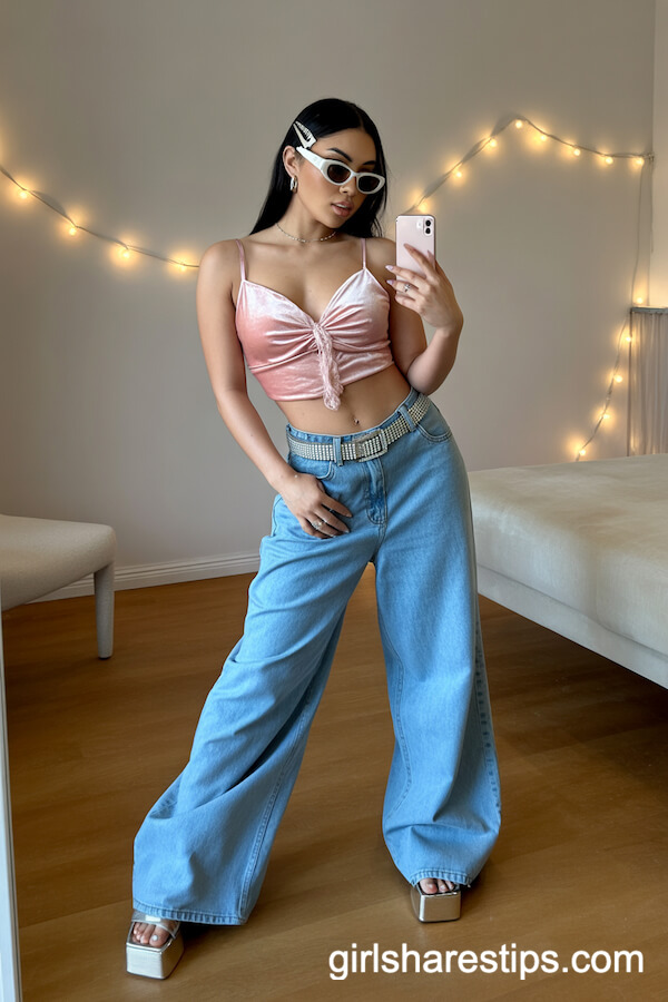 Pink Velvet Butterfly Crop Top with Ultra Baggy Low-Rise Jeans
