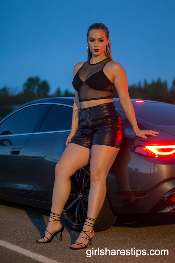 Black Mesh Crop Top with Faux Leather Shorts and Kitten Heels