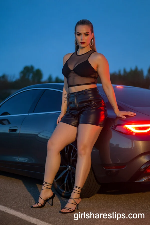Black Mesh Crop Top with Faux Leather Shorts and Kitten Heels