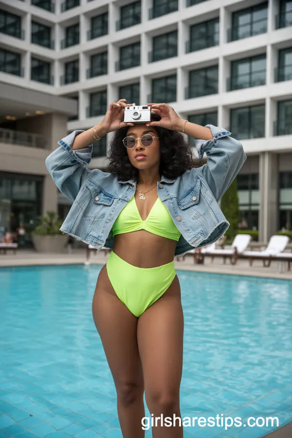 Neon Bikini with Cropped Denim Jacket