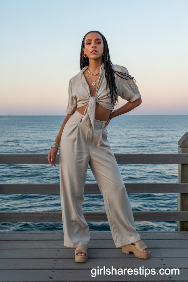 High-Waisted Linen Pants with Cropped Tie-Front Blouse