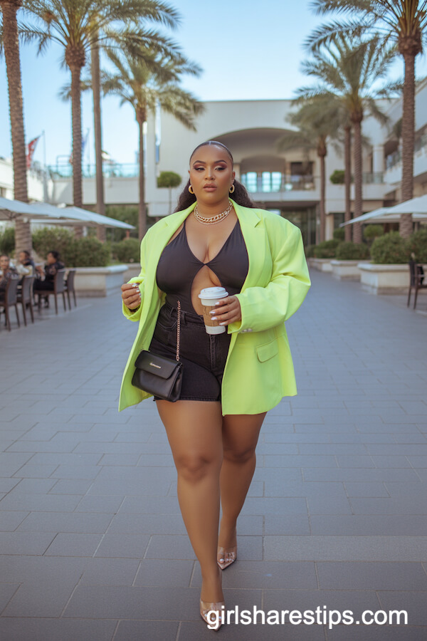 Neon Oversized Blazer with Black Cut-Out Bodysuit and Paperbag Shorts