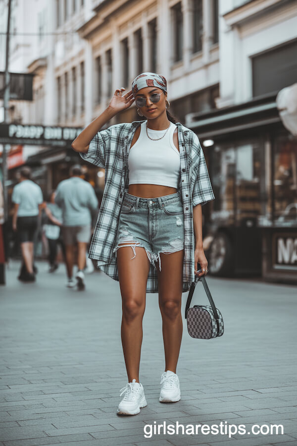 White Cropped Tank with Oversized Plaid Button-Up and Distressed Shorts