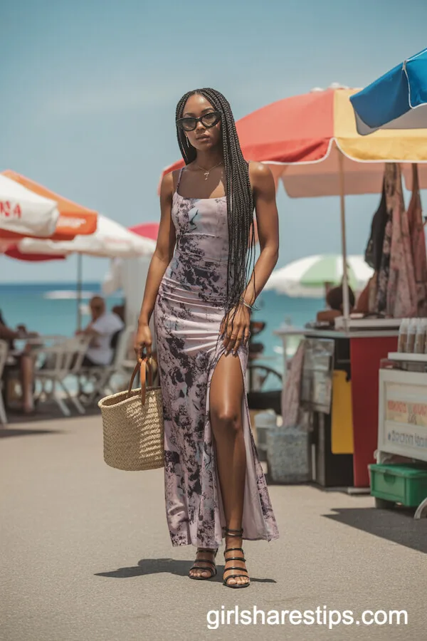 Floral Maxi Dress with Thigh-High Slit and Designer Tote
