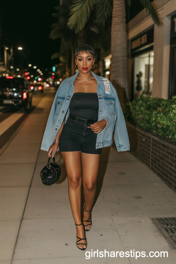 Fitted Black Tube Romper with Oversized Denim Patch Jacket