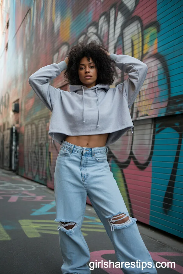 Gray Cropped Hoodie with Light-Wash Distressed Baggy Jeans