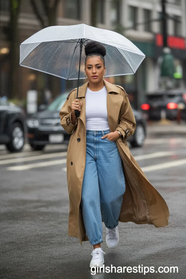Camel Trench Coat with White Tee and Blue Baggy Jeans