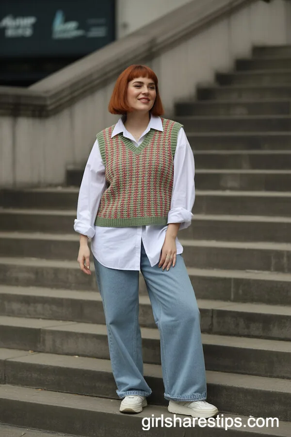 Colorful Knit Vest over White Shirt with Wide-Legged Baggy Jeans