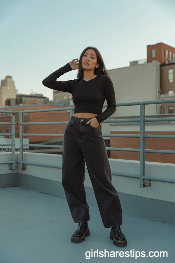 Fitted Black Long-Sleeve Top with Loose Black Baggy Jeans and Chunky Boots
