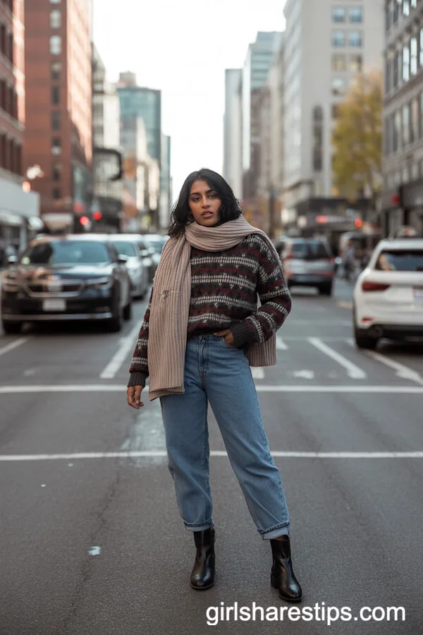 Chunky Knit Scarf with Patterned Sweater and Baggy Jeans