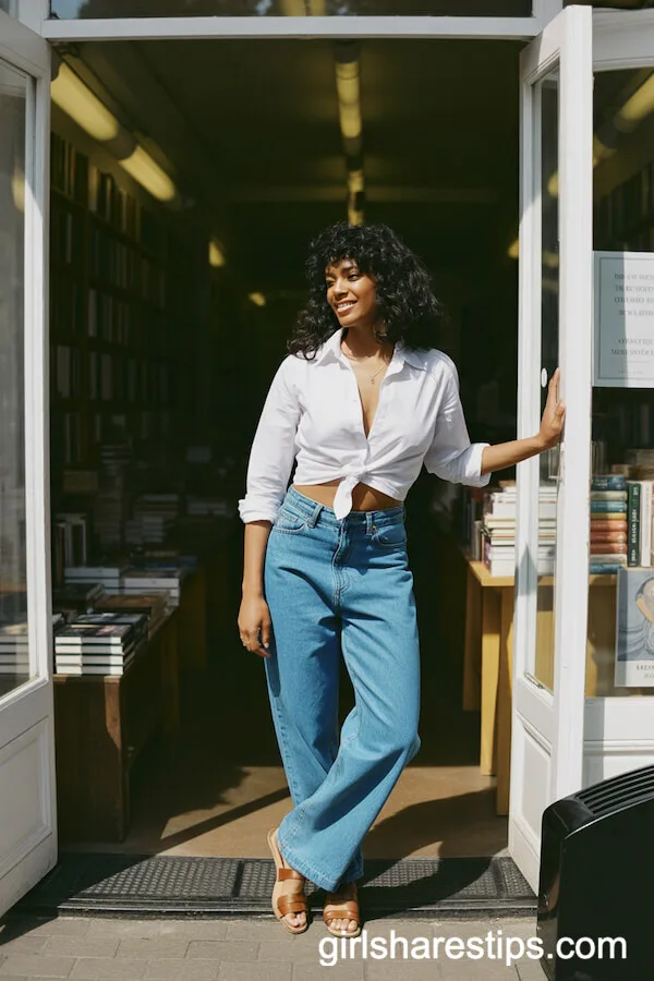 Crisp White Button-Down Shirt Half-Tucked into Classic Blue Baggy Jeans