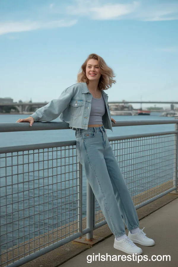 Light Blue Crop Denim Jacket with Gray Tank Top and Baggy Jeans