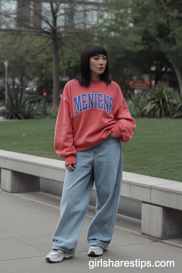 Bold-Colored Graphic Sweatshirt with Oversized Baggy Jeans and Chunky Sneakers