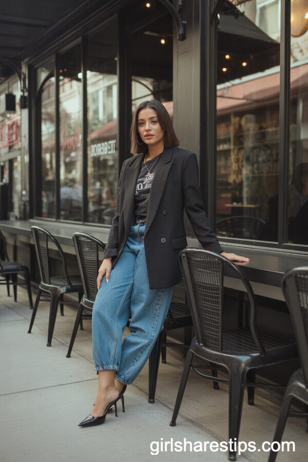 Black Blazer over Graphic Tee with Blue Baggy Jeans and Pointed Heels