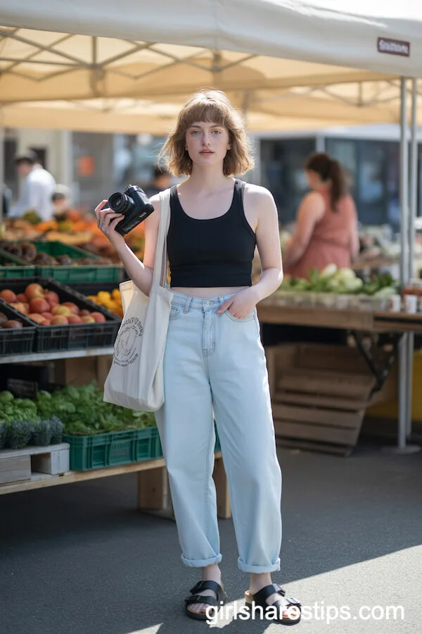 Minimalist Black Tank with Pale Blue Baggy Jeans and Birkenstocks
