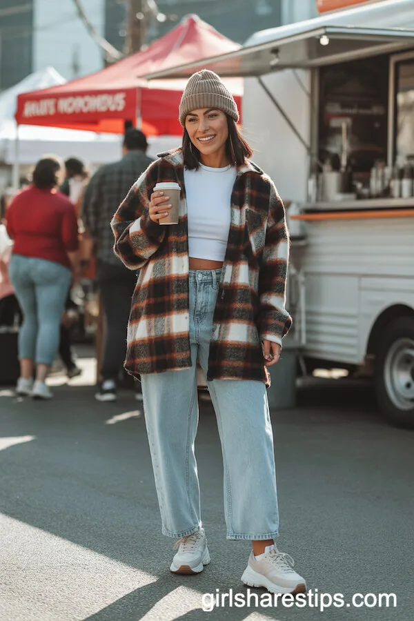 Oversized Plaid Shacket over Fitted White T-Shirt with Light Blue Baggy Jeans