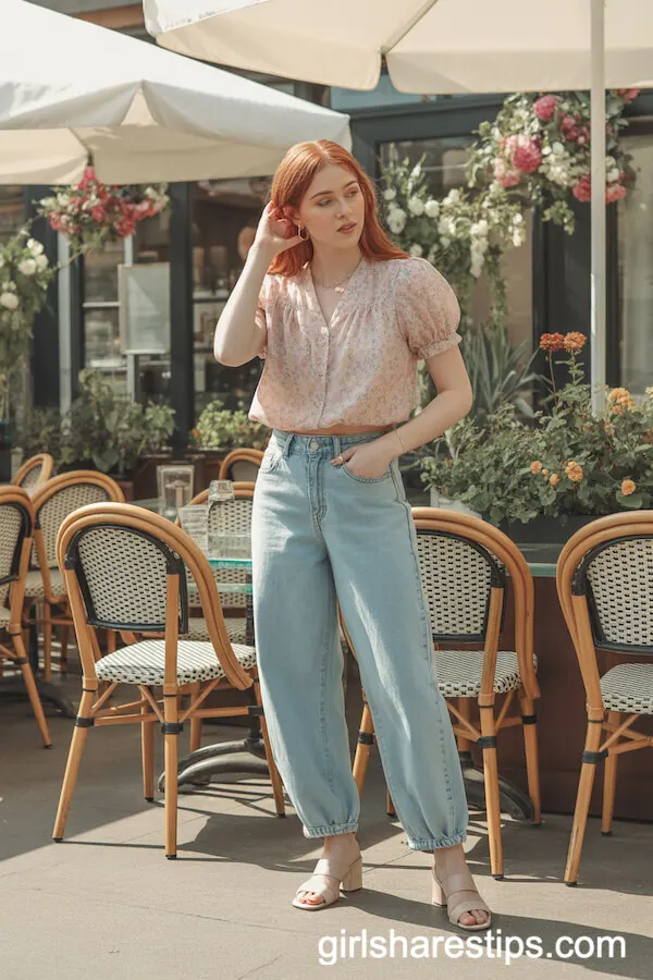 Pastel Floral Blouse Tucked into High-Waisted Baggy Jeans with Nude Sandals