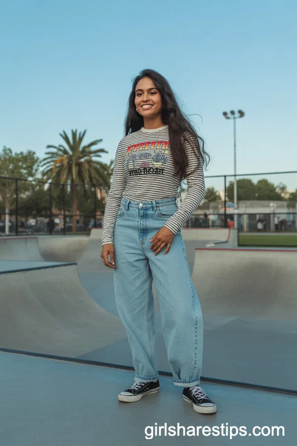 Striped Long Sleeve Layered with Graphic Tee and Oversized Baggy Jeans