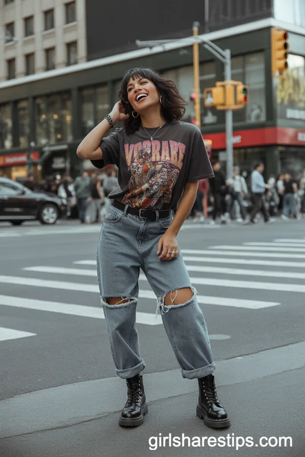 Bold Graphic T-Shirt with Cuffed Baggy Jeans and Combat Boots