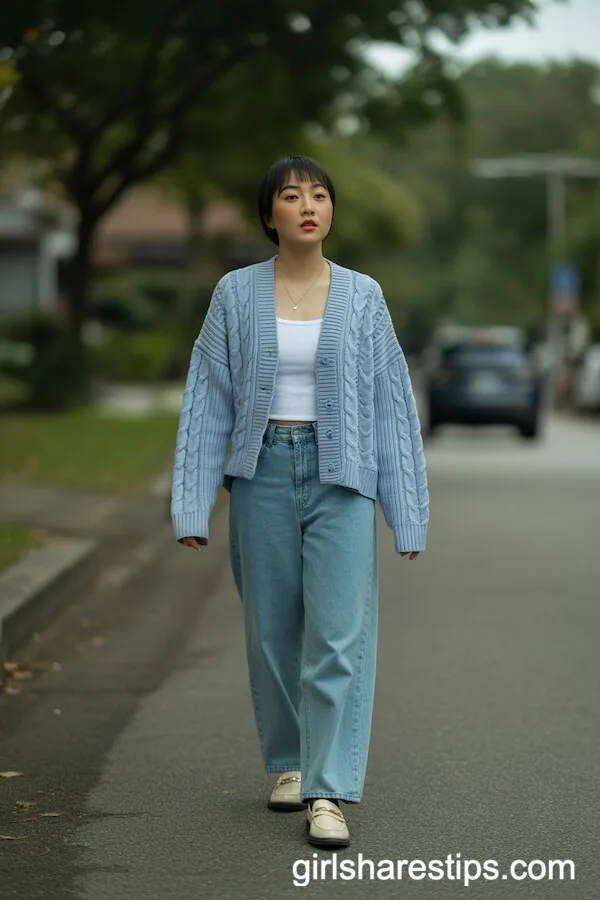Pastel Blue Cardigan over White Top with Baggy Jeans and Loafers