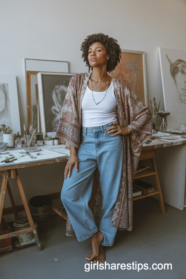Boho Kimono and White Tank with Blue Baggy Jeans