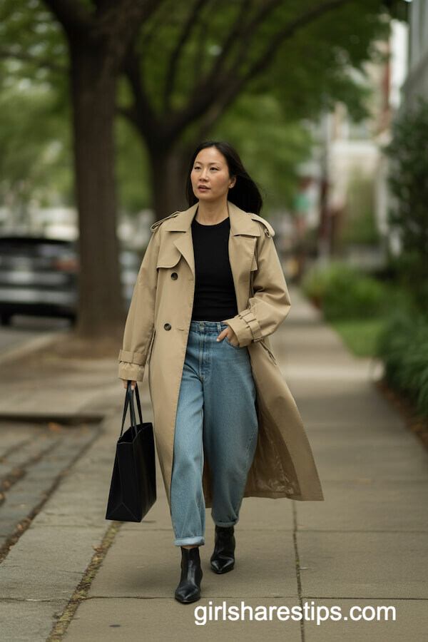 Beige Trench Coat and Black Top with Baggy Jeans