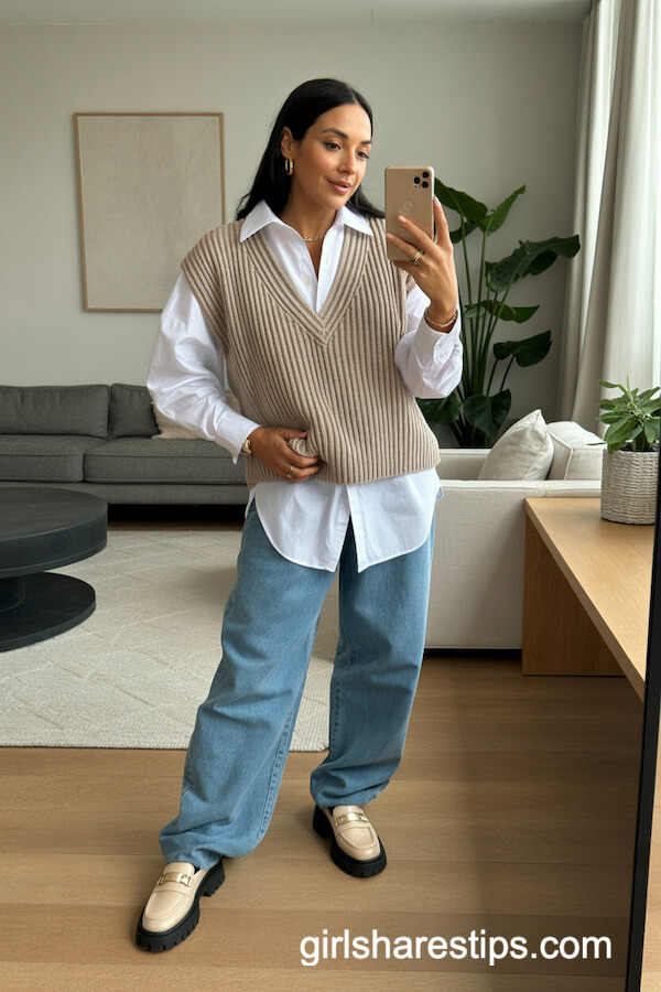 Sweater Vest and Crisp White Shirt with Baggy Jeans
