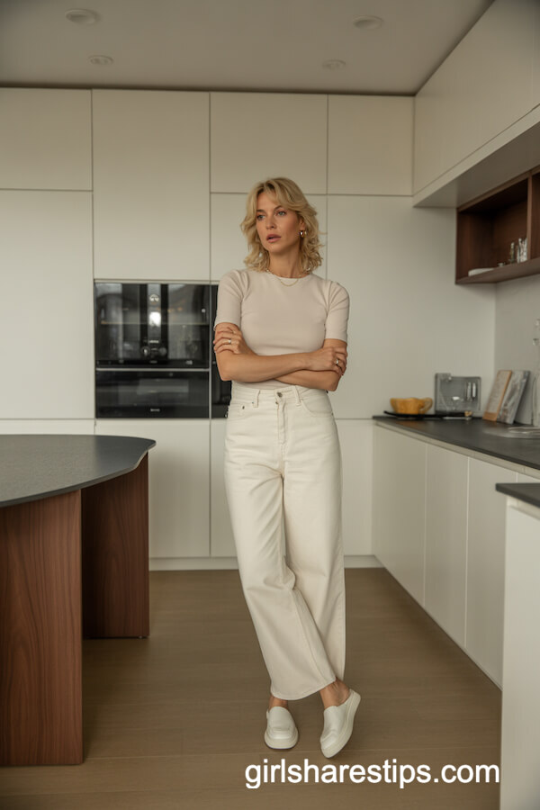 Monochromatic Beige Top with Beige Baggy Jeans
