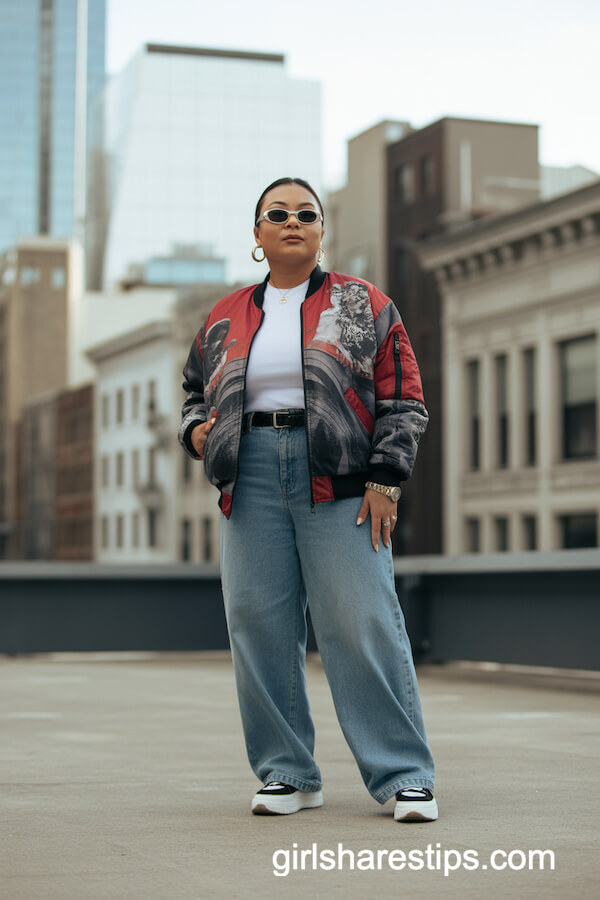 Graphic Bomber Jacket Basic Tee Baggy Jeans