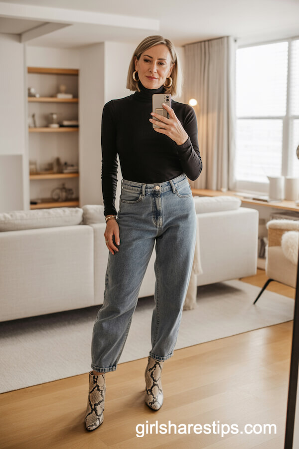 Black Turtleneck with High-Waisted Baggy Jeans