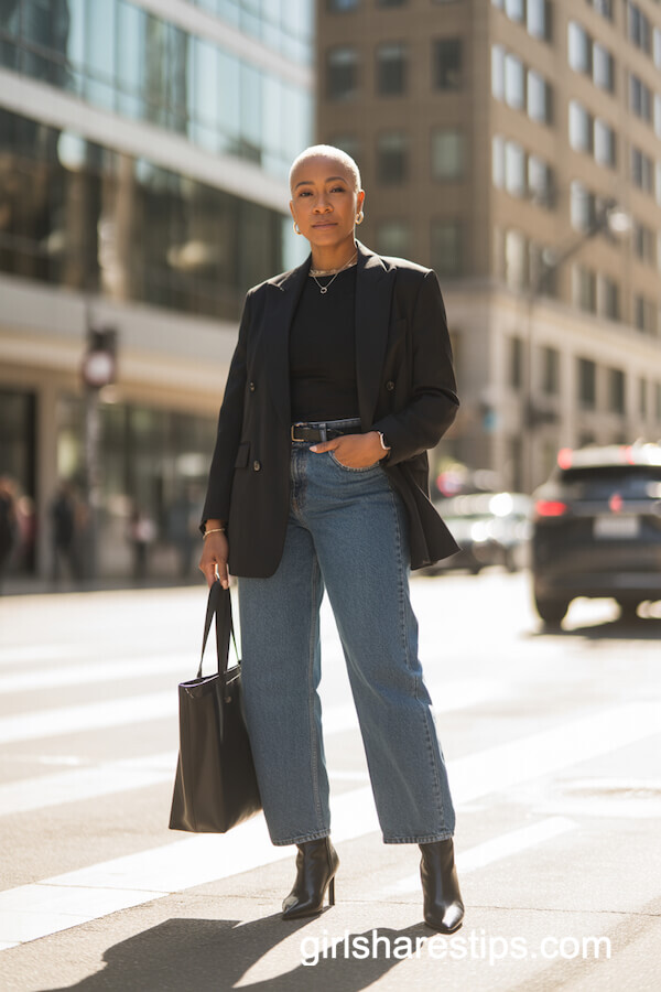 Tailored Blazer and Tee with Blue Baggy Jeans