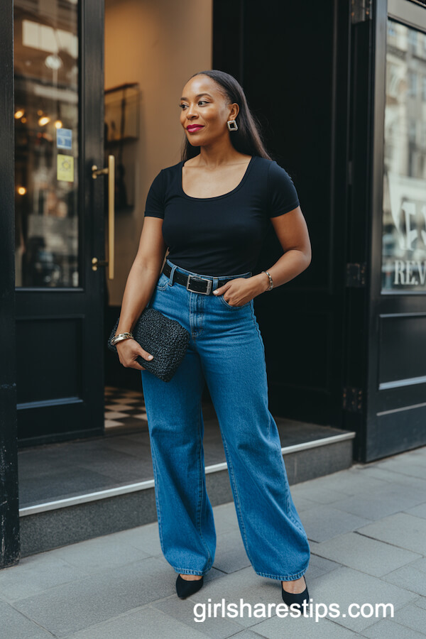 Black Scoop-Neck Tee with High-Waisted Wide-Leg Baggy Jeans