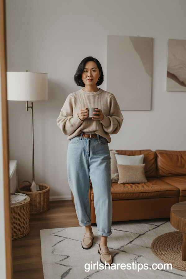 Chunky Beige Sweater Relaxed Baggy Jeans