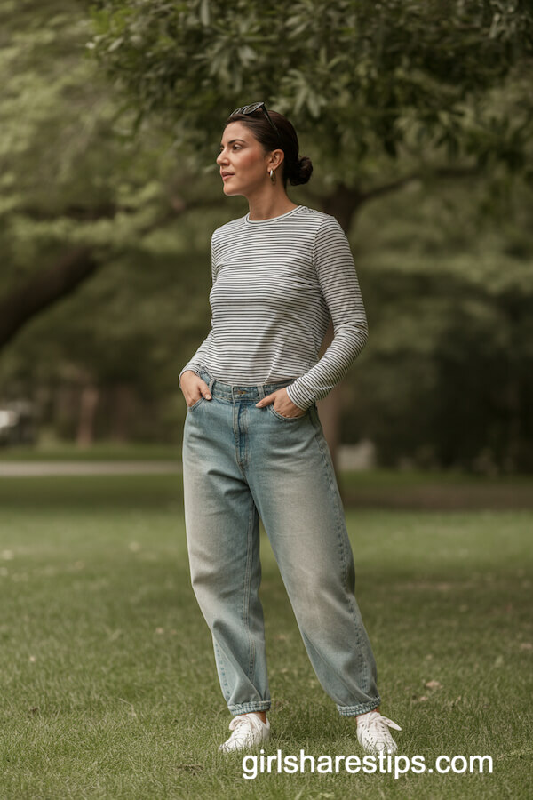 Striped Long-Sleeve Tee with Faded Baggy Jeans