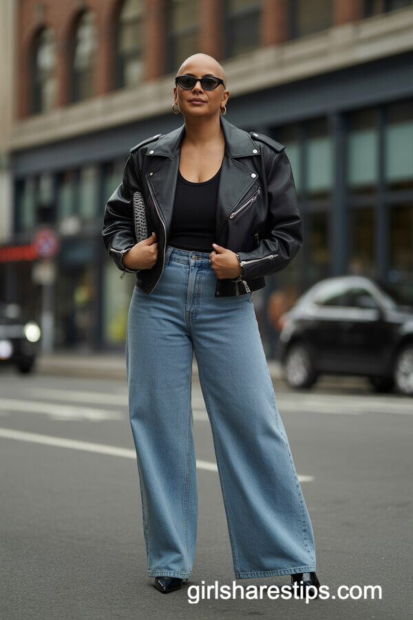 Black Leather Jacket Scoop-Neck Tee Wide-Leg Baggy Jeans
