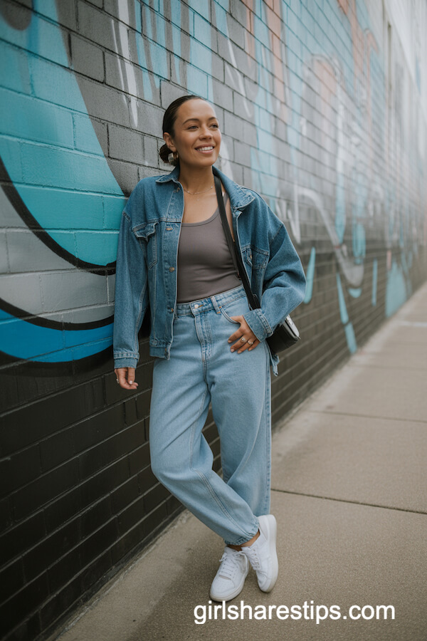 Oversized Denim Jacket and Tank Top with Light-Wash Baggy Jeans