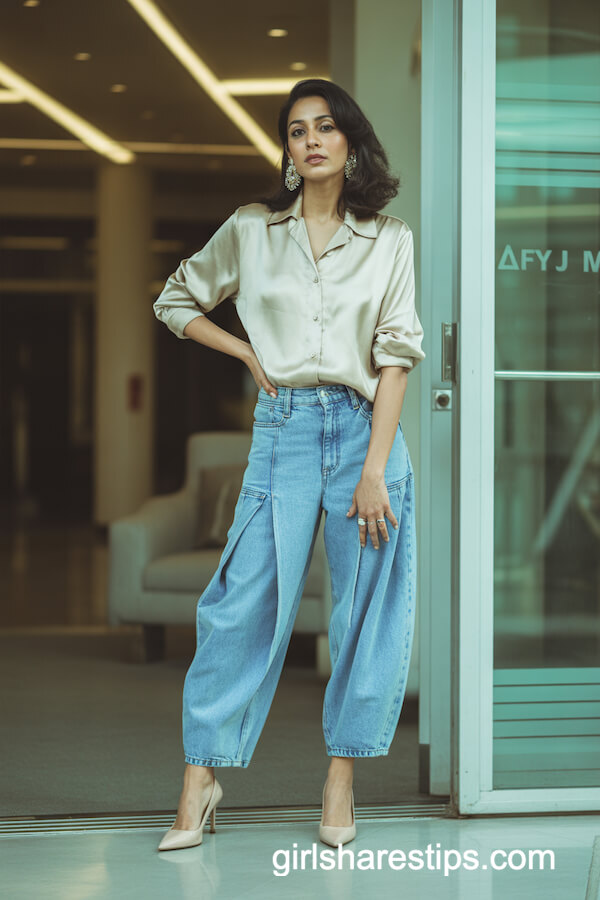 Cream Silk Blouse with Structured Baggy Jeans